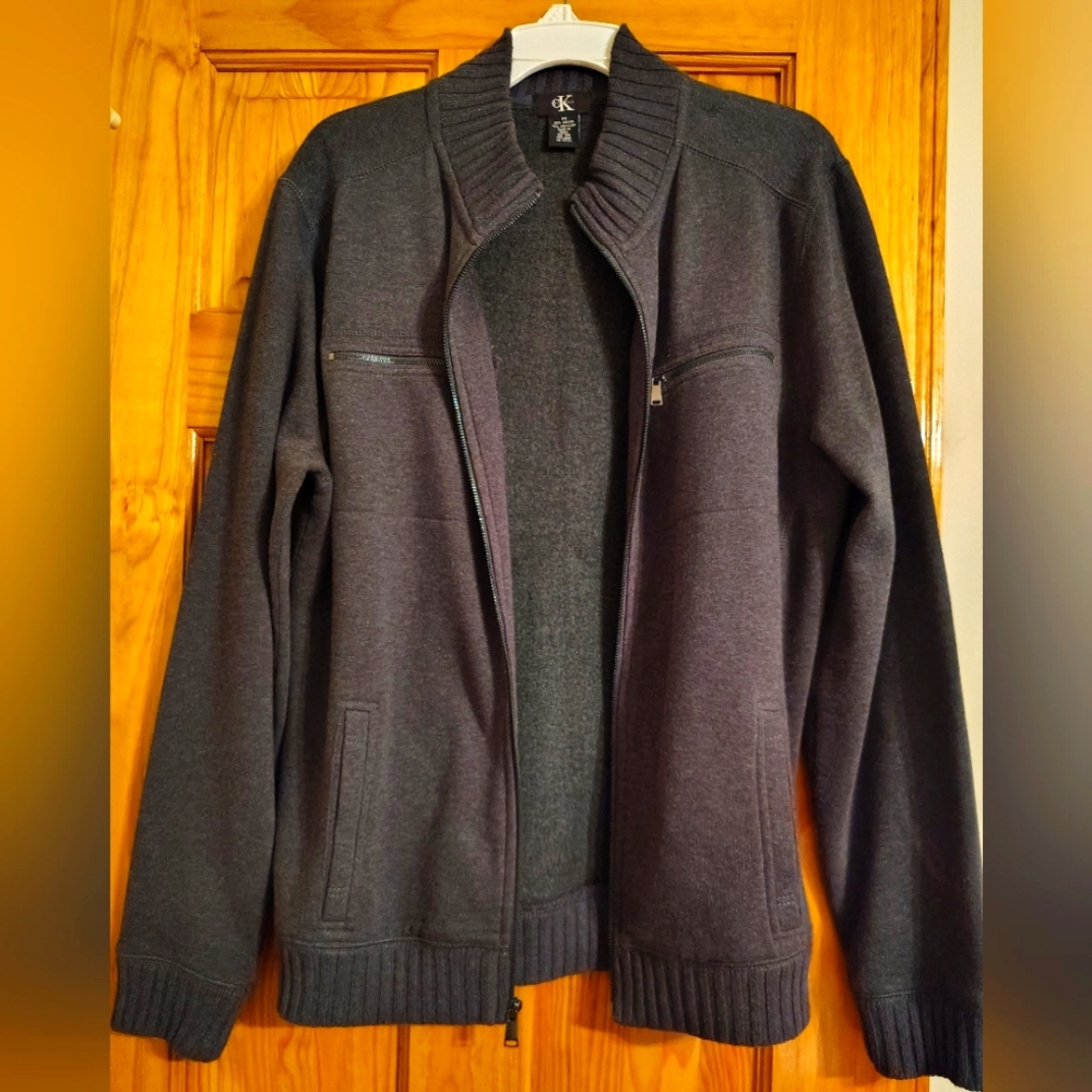 Calvin Klein Dark Grey Zip Up Sweater with Ribbed Cuffs